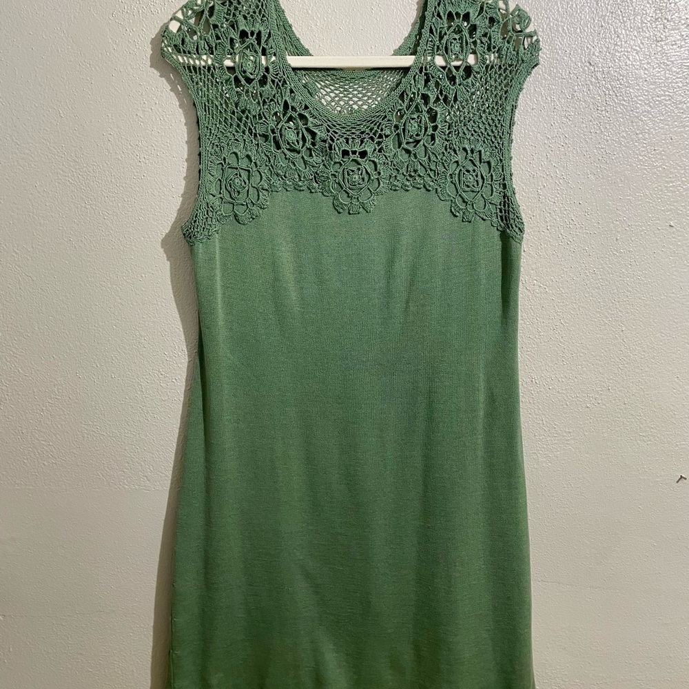Peruvian Connection Pima Cotton Knit Midi Dress Green Crochet Sleeveless Small